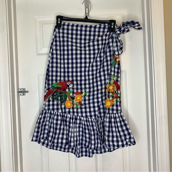 Zara Woman Gingham Wrap Skirt Embroidered Bird NWT Size XS - Picture 5 of 15